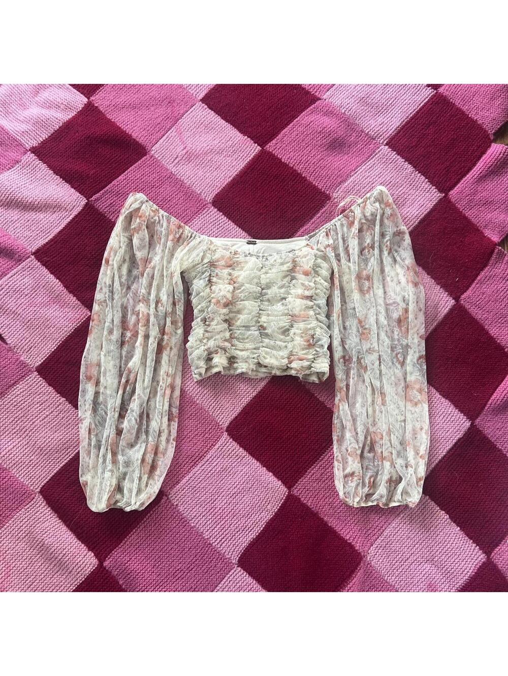 floral boho mesh ruched long sleeve top